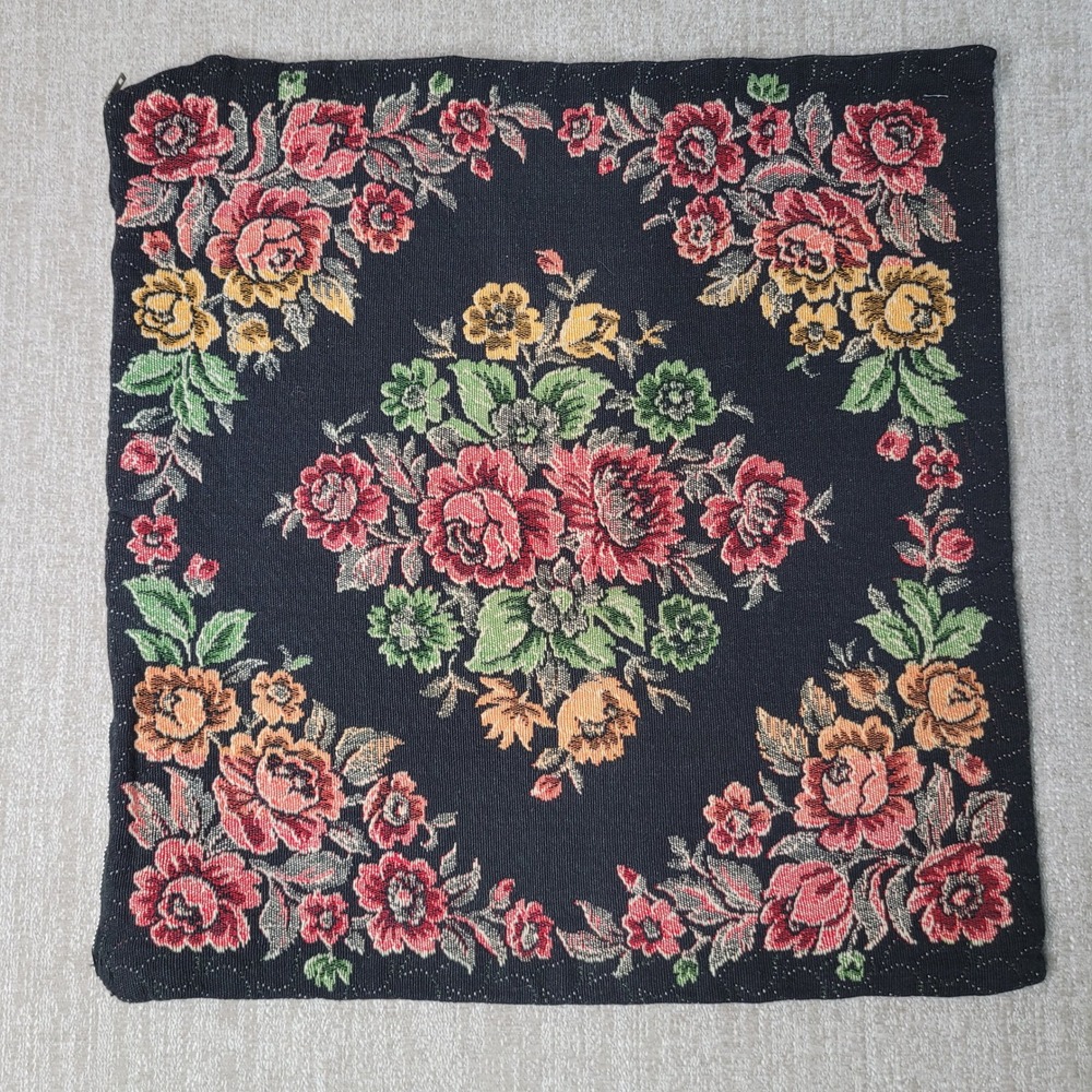 Vintage Tapestry Pillow Cover Floral Black Woven Zippered Square‎ Accent 15x15"
